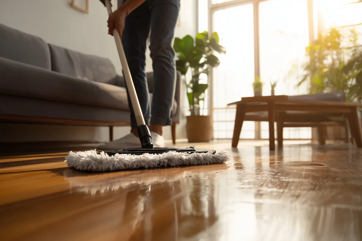 Mopping floor in the afternoon